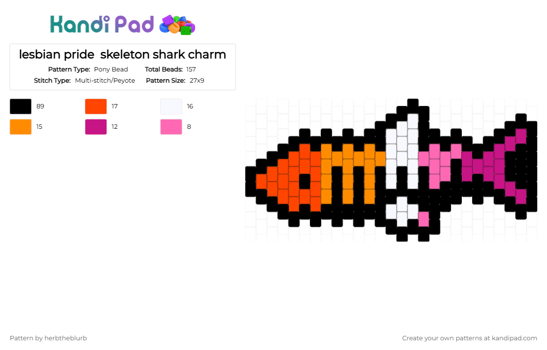 lesbian pride  skeleton shark charm - Pony Bead Pattern by lifeisagraveandidigit on Kandi Pad - black,red,pink
