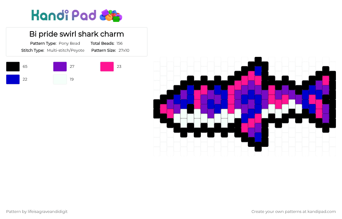Bi pride swirl shark charm - Pony Bead Pattern by lifeisagraveandidigit on Kandi Pad - pink,purple