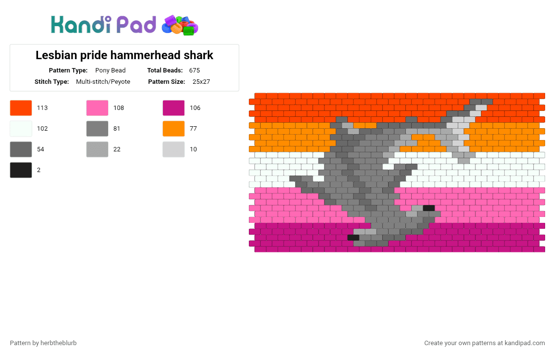 Lesbian pride hammerhead shark - Pony Bead Pattern by lifeisagraveandidigit on Kandi Pad - red,gray,pink