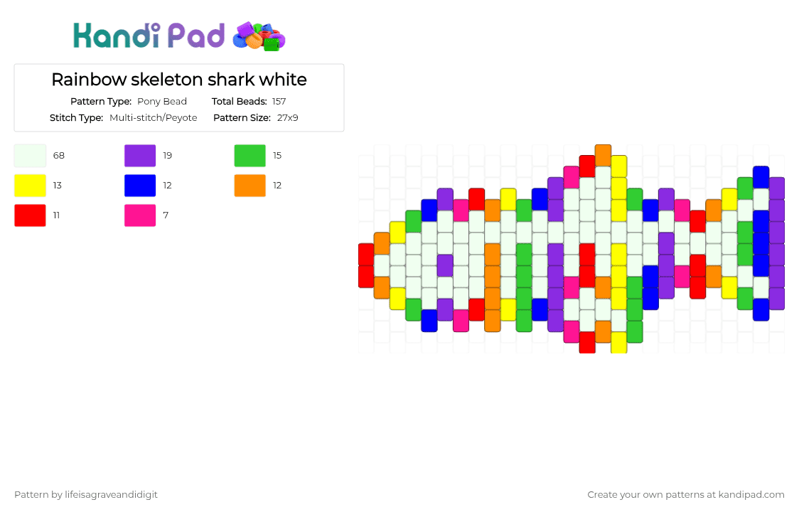 Rainbow skeleton shark white - Pony Bead Pattern by lifeisagraveandidigit on Kandi Pad - white,purple,green