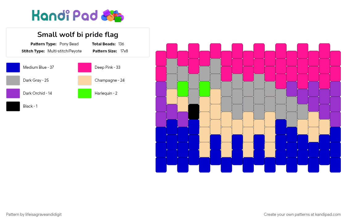 Small wolf bi pride flag - Pony Bead Pattern by lifeisagraveandidigit on Kandi Pad - beige, pink, purple