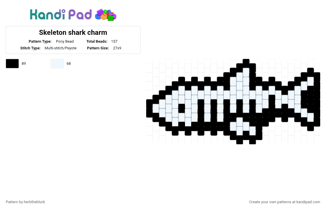 Skeleton shark charm - Pony Bead Pattern by herbtheblurb on Kandi Pad - black,white