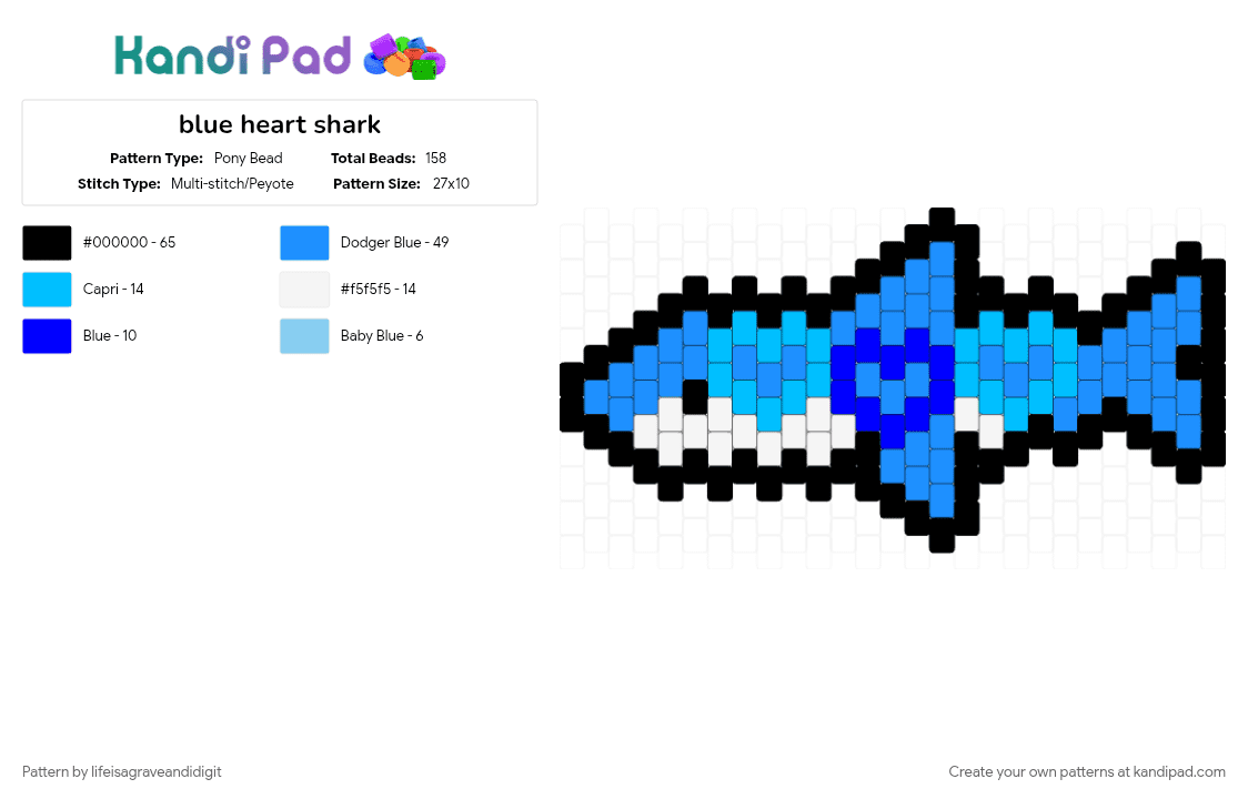 blue heart shark - Pony Bead Pattern by lifeisagraveandidigit on Kandi Pad - light blue