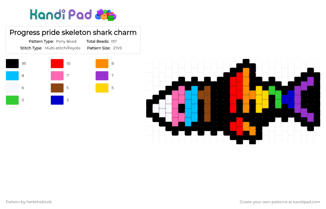Progress pride skeleton shark charm - Pony Bead Pattern by lifeisagraveandidigit on Kandi Pad - black,red,light blue,colorful