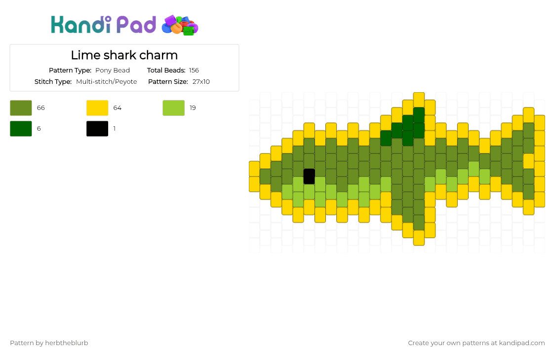Lime shark charm - Pony Bead Pattern by lifeisagraveandidigit on Kandi Pad - yellow,green