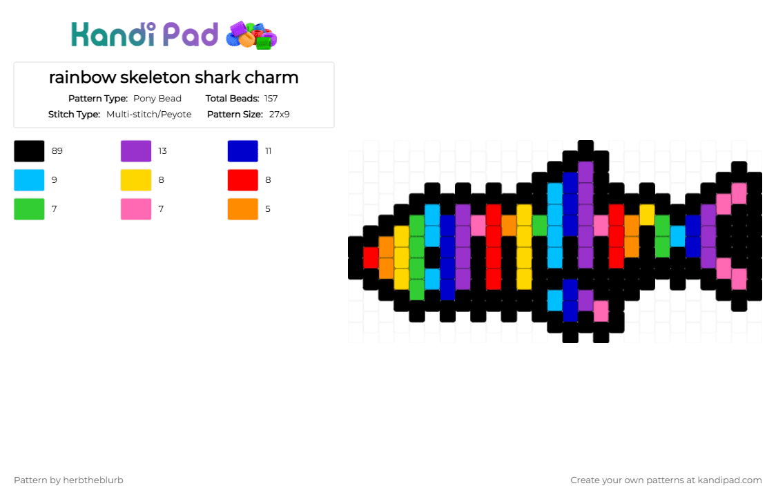 rainbow skeleton shark charm - Pony Bead Pattern by lifeisagraveandidigit on Kandi Pad - black,light blue,purple