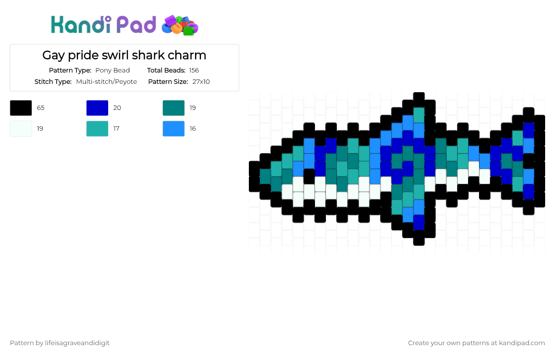 Gay pride swirl shark charm - Pony Bead Pattern by lifeisagraveandidigit on Kandi Pad - teal