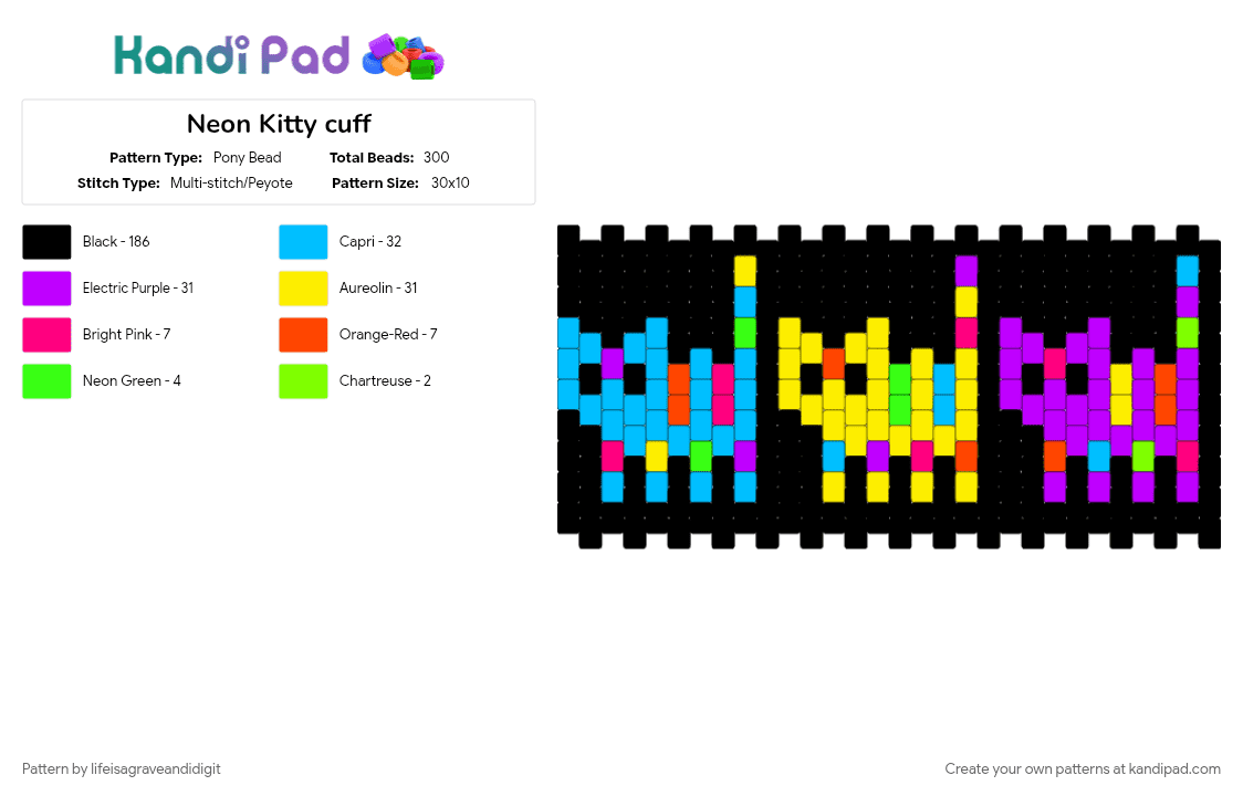 Neon Kitty cuff - Pony Bead Pattern by lifeisagraveandidigit on Kandi Pad - black, light blue, purple, yellow