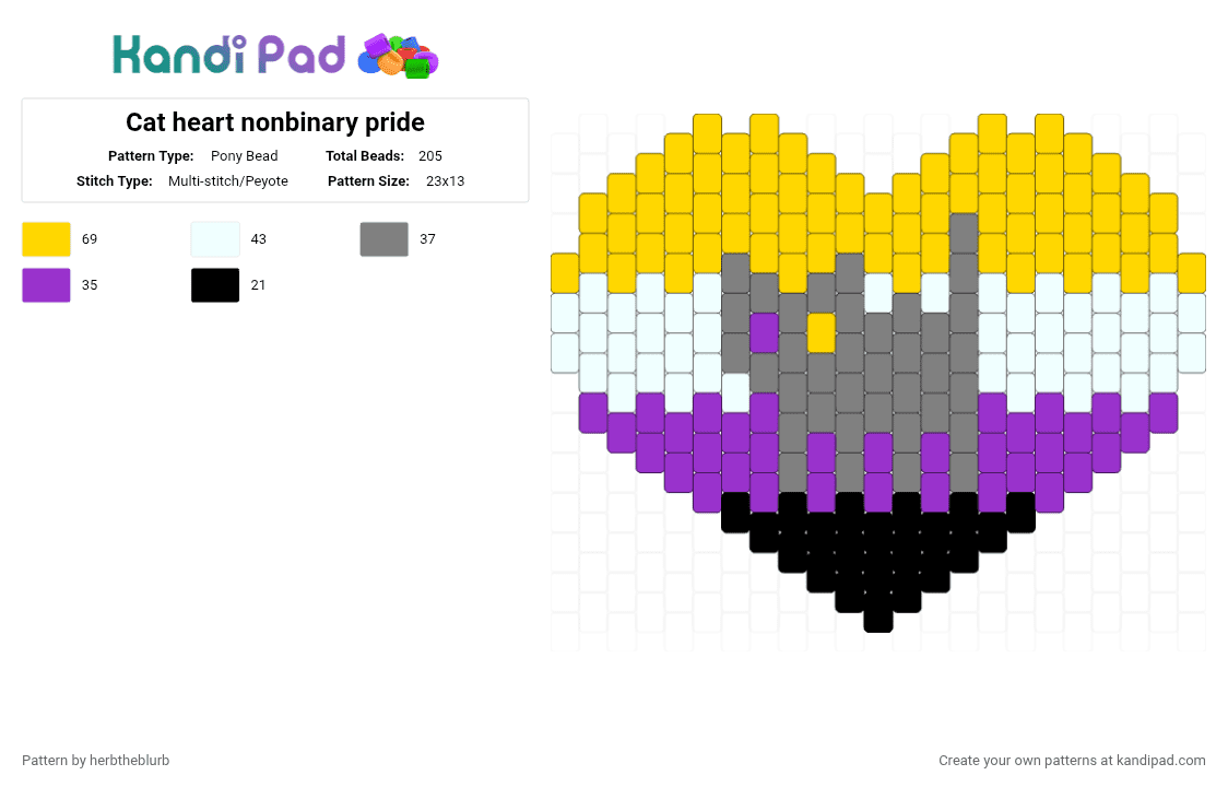 Cat heart nonbinary pride - Pony Bead Pattern by lifeisagraveandidigit on Kandi Pad - yellow