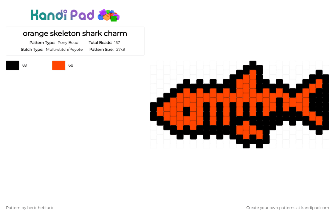 orange skeleton shark charm - Pony Bead Pattern by lifeisagraveandidigit on Kandi Pad - black,red