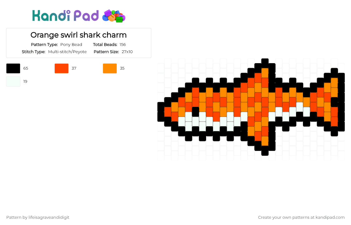Orange swirl shark charm - Pony Bead Pattern by lifeisagraveandidigit on Kandi Pad - red,orange