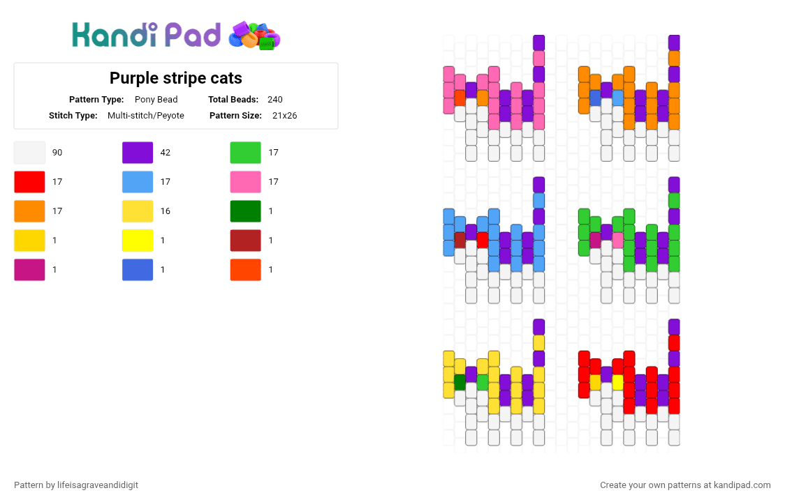 Purple stripe cats Pony Bead Pattern - Kandi Pad | Kandi Patterns, Fuse ...