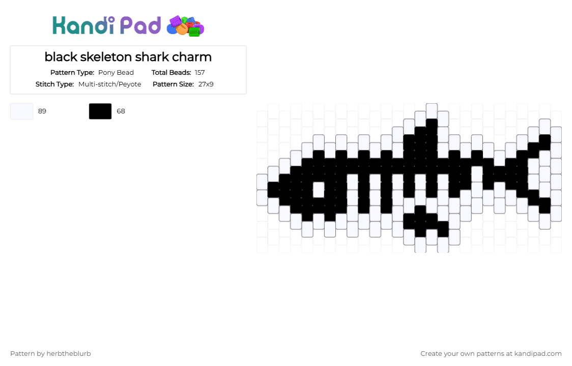 black skeleton shark charm - Pony Bead Pattern by lifeisagraveandidigit on Kandi Pad - white,black