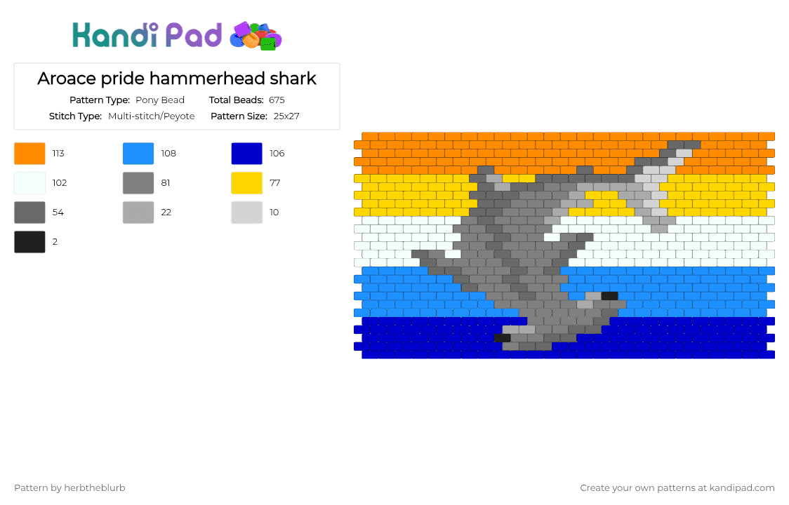 Aroace pride hammerhead shark - Pony Bead Pattern by lifeisagraveandidigit on Kandi Pad - orange,gray,light blue,purple