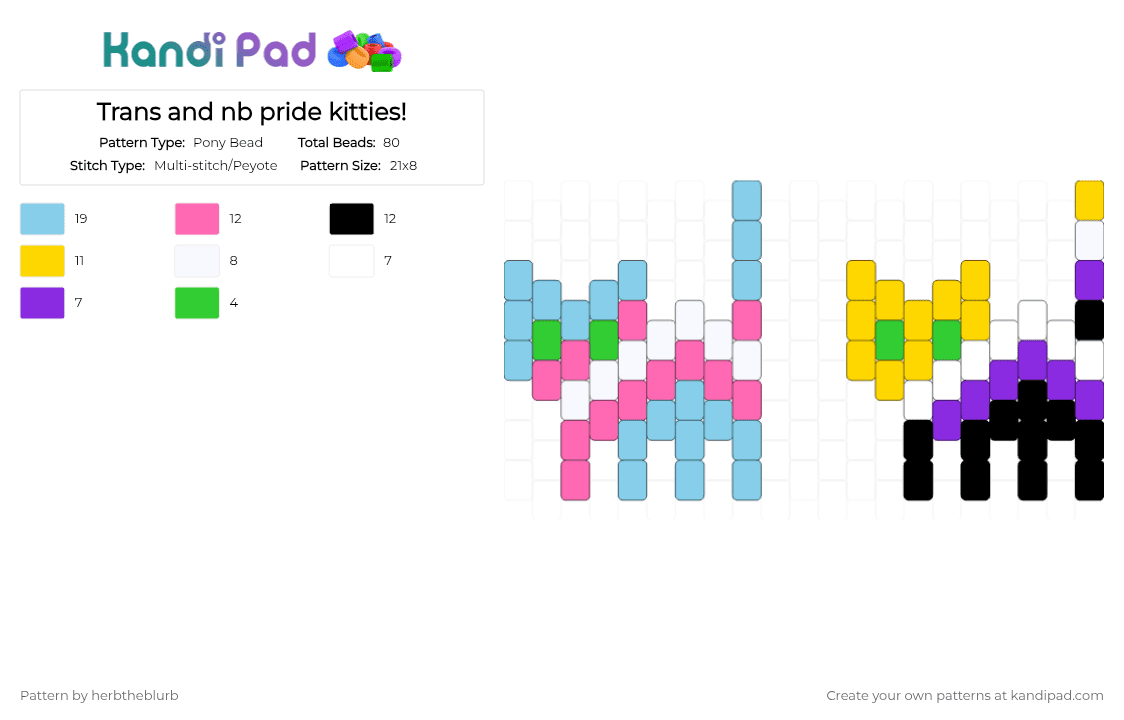 Trans and nb pride kitties! - Pony Bead Pattern by lifeisagraveandidigit on Kandi Pad - light blue,pink,yellow