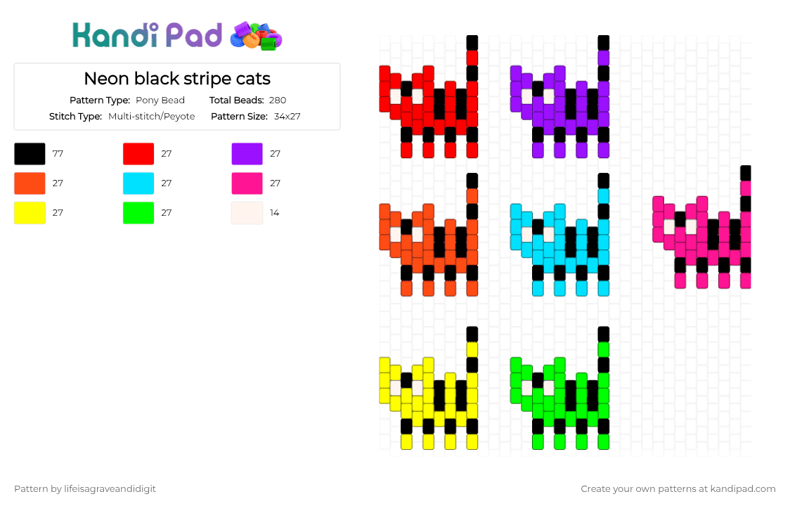 Neon black stripe cats - Pony Bead Pattern by lifeisagraveandidigit on Kandi Pad - red
