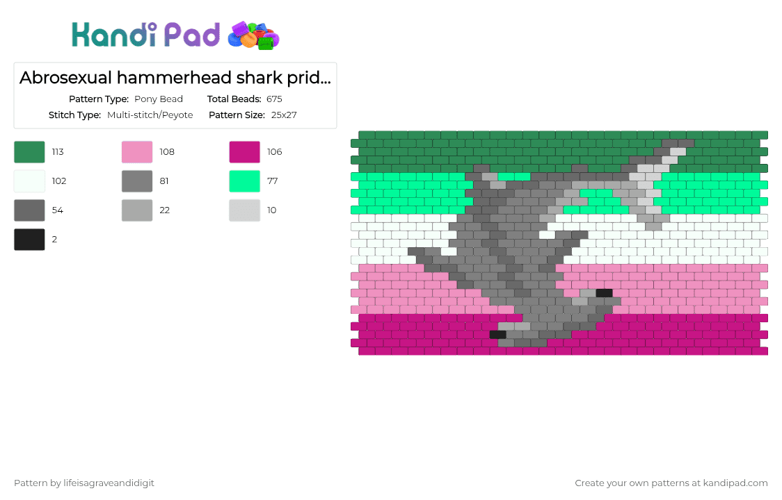 Abrosexual hammerhead shark pride flag - Pony Bead Pattern by lifeisagraveandidigit on Kandi Pad - green,gray,pink