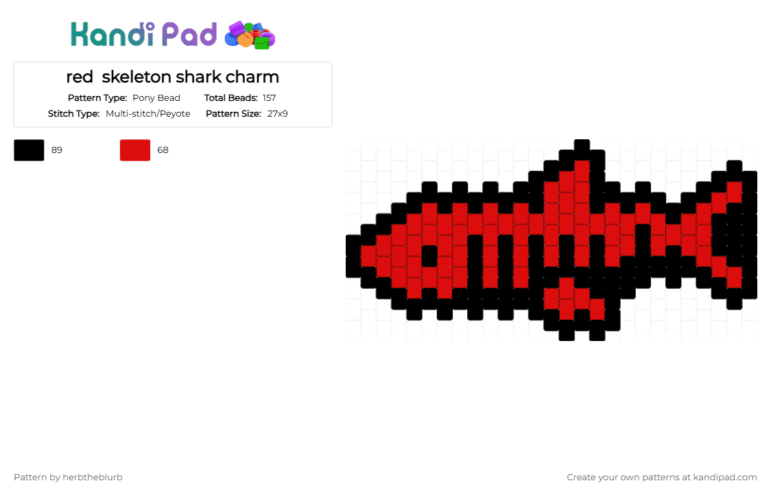 red  skeleton shark charm - Pony Bead Pattern by lifeisagraveandidigit on Kandi Pad - black,red