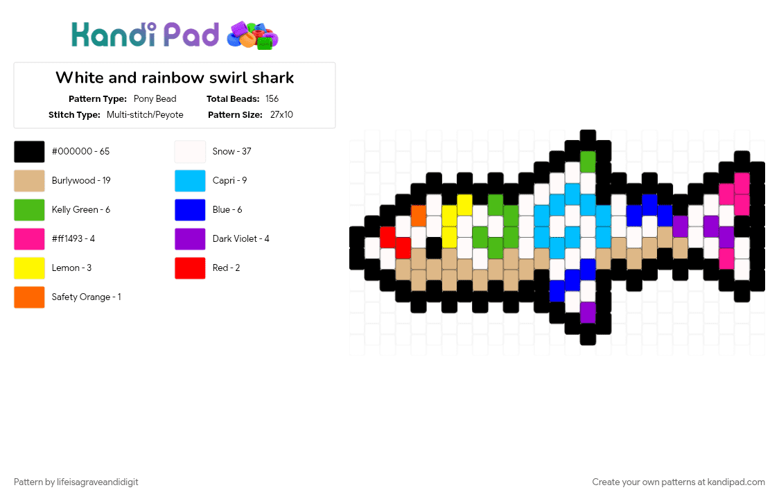 White and rainbow swirl shark - Pony Bead Pattern by lifeisagraveandidigit on Kandi Pad - beige, black, colorful, green, white