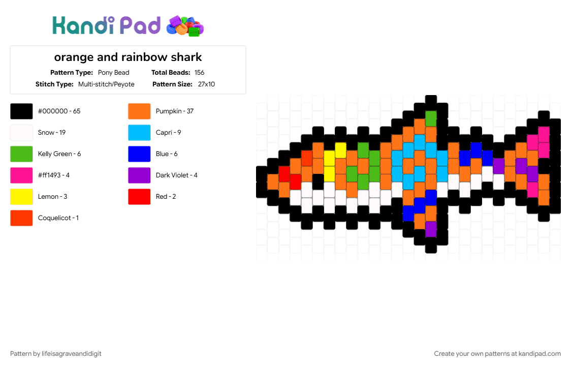 orange and rainbow shark - Pony Bead Pattern by lifeisagraveandidigit on Kandi Pad - black, orange, purple