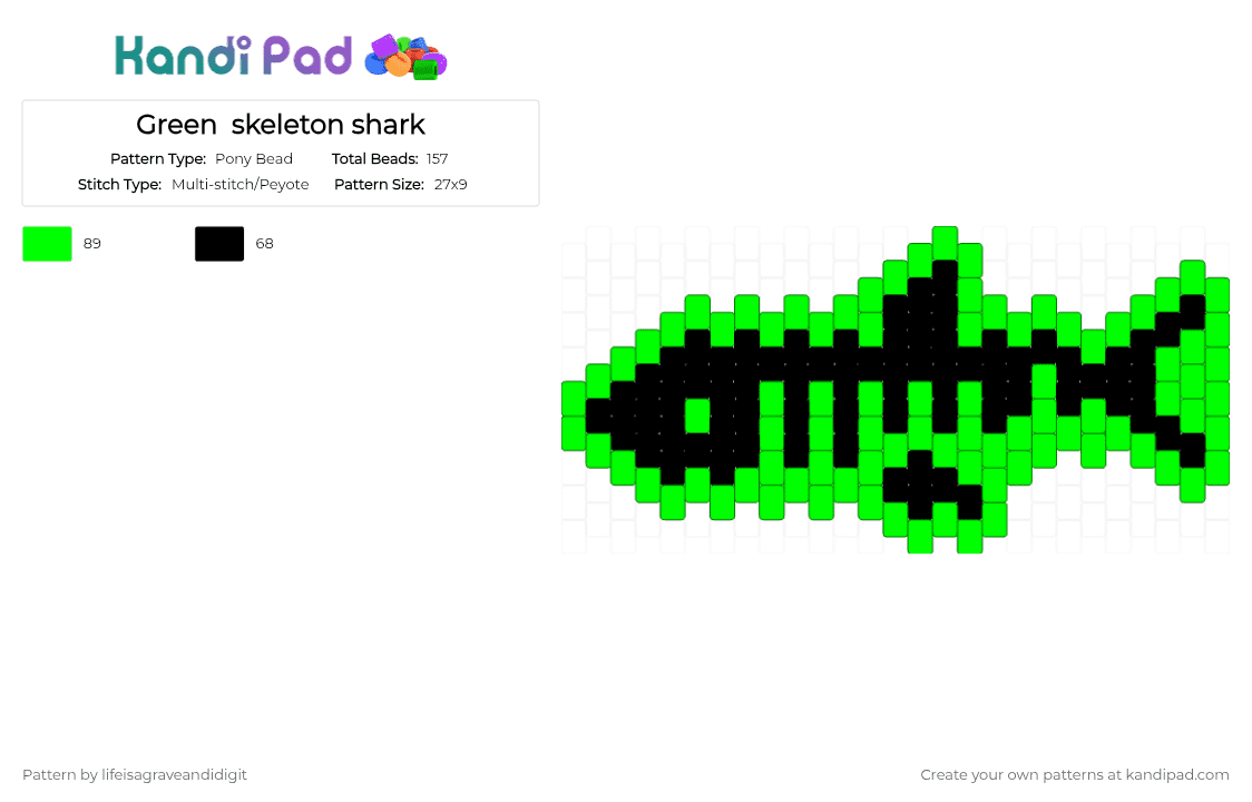 Green  skeleton shark - Pony Bead Pattern by lifeisagraveandidigit on Kandi Pad - green,black