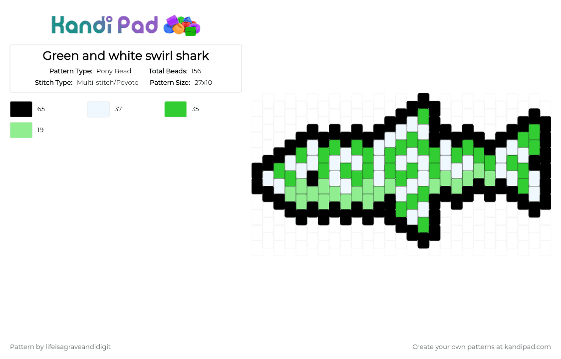 Green and white swirl shark - Pony Bead Pattern by lifeisagraveandidigit on Kandi Pad - green, teal