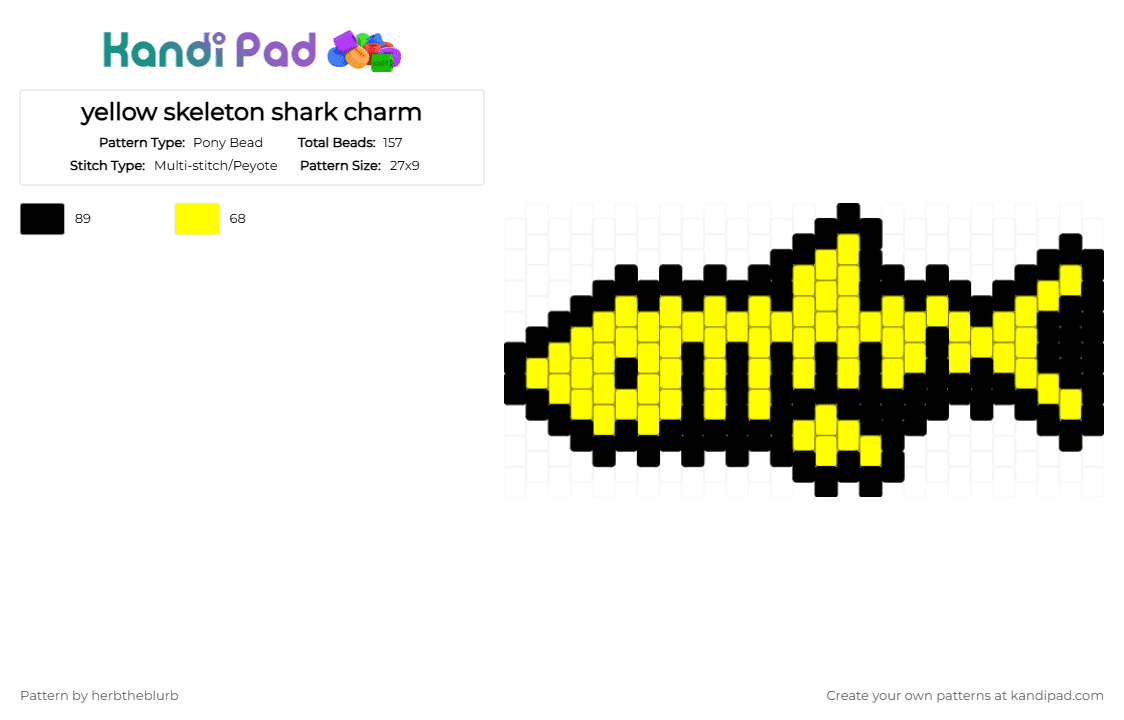 yellow skeleton shark charm - Pony Bead Pattern by lifeisagraveandidigit on Kandi Pad - black,yellow