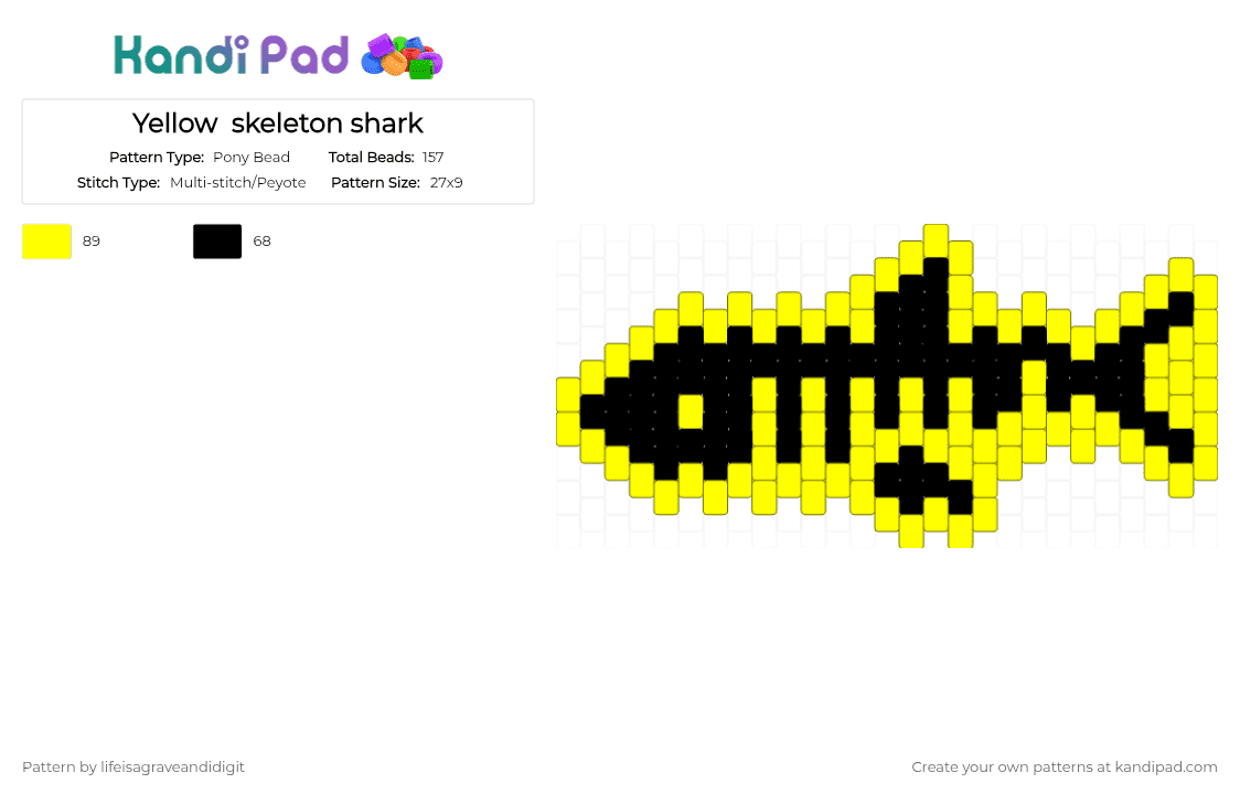 Yellow  skeleton shark - Pony Bead Pattern by lifeisagraveandidigit on Kandi Pad - yellow,black
