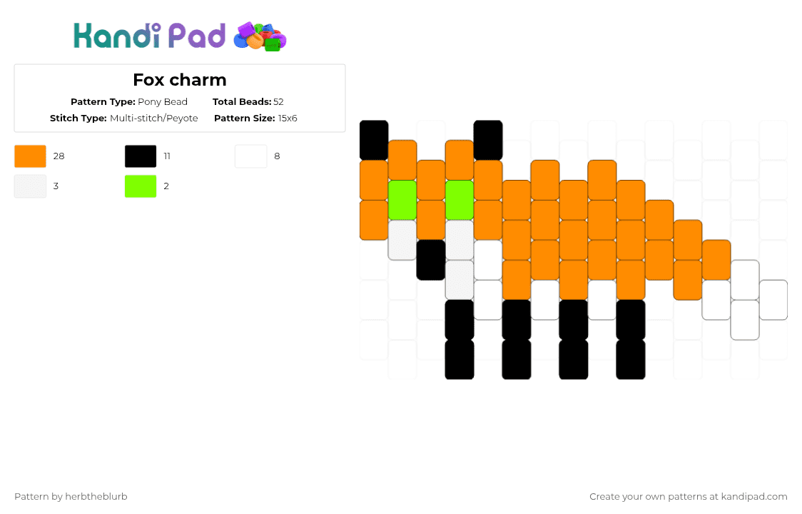 Fox charm Pony Bead Pattern - Kandi Pad | Kandi Patterns, Fuse Bead ...