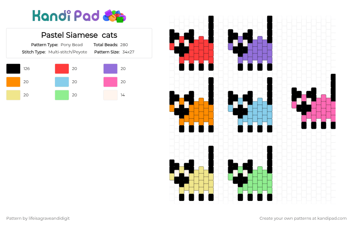 Pastel Siamese  cats - Pony Bead Pattern by lifeisagraveandidigit on Kandi Pad - black,purple,light blue,yellow,colorful