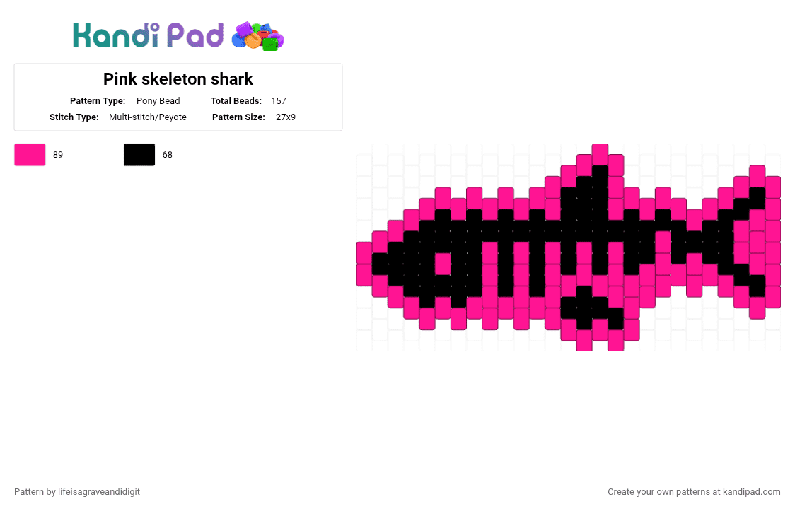 Pink skeleton shark - Pony Bead Pattern by lifeisagraveandidigit on Kandi Pad - pink,black