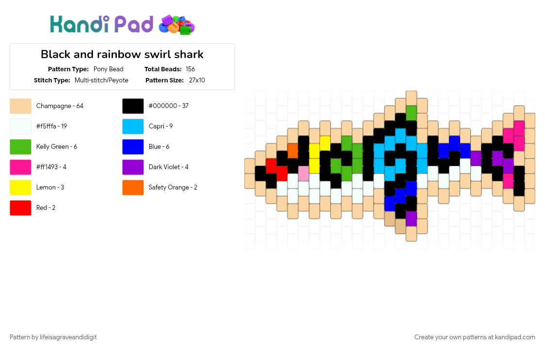 Black and rainbow swirl shark - Pony Bead Pattern by lifeisagraveandidigit on Kandi Pad - beige