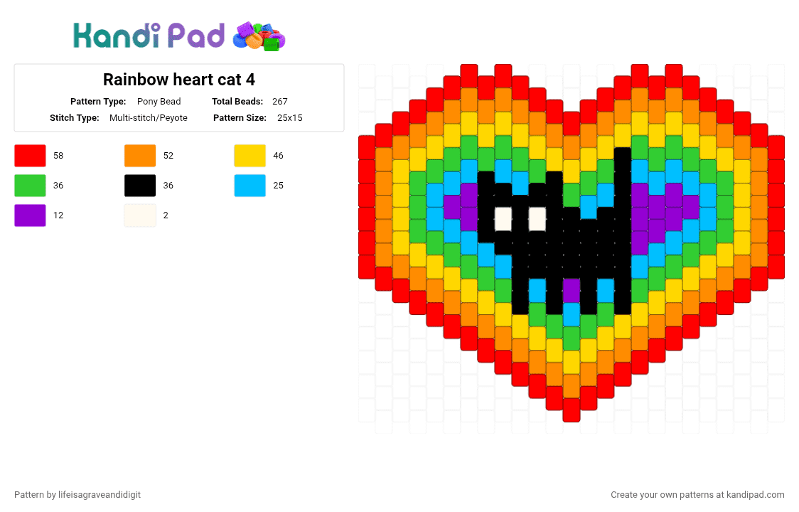 Rainbow heart cat 4 - Pony Bead Pattern by lifeisagraveandidigit on Kandi Pad - orange,yellow,green,red