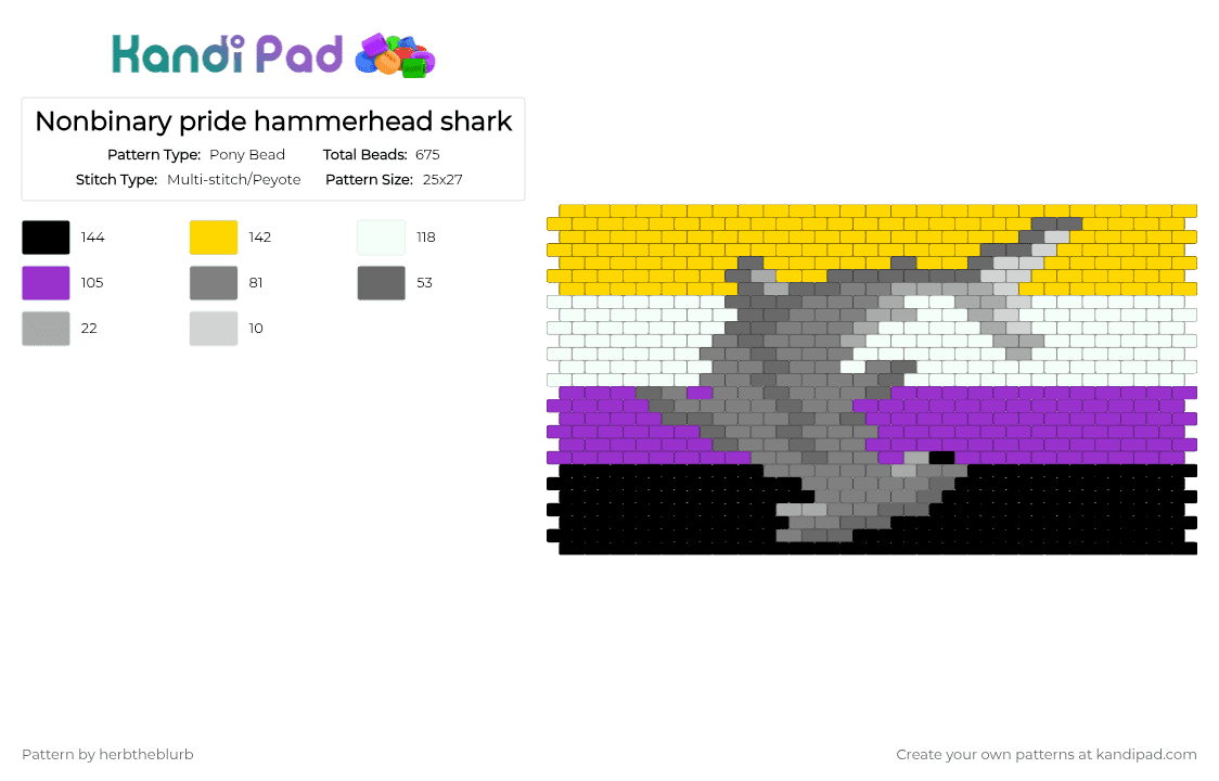 Nonbinary pride hammerhead shark - Pony Bead Pattern by lifeisagraveandidigit on Kandi Pad - yellow,gray,purple