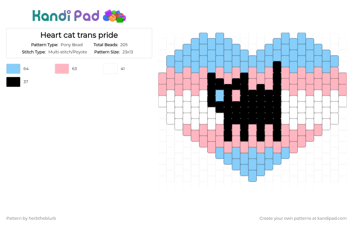 Heart cat trans pride - Pony Bead Pattern by lifeisagraveandidigit on Kandi Pad - light blue,pink