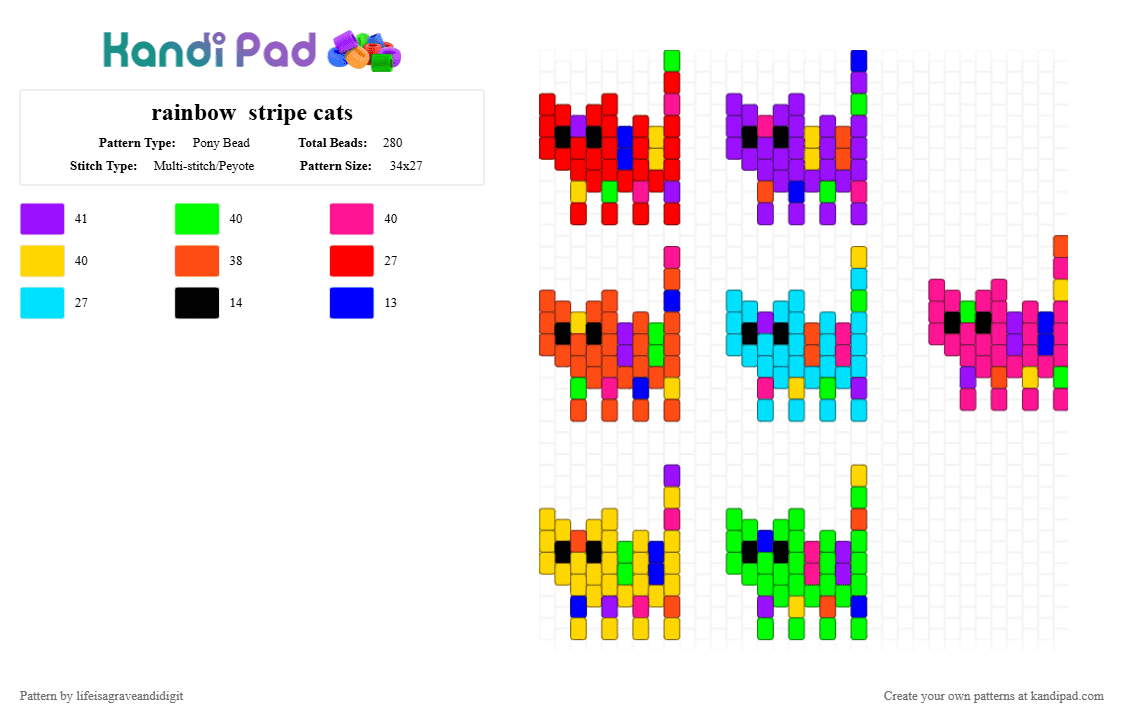 rainbow  stripe cats - Pony Bead Pattern by lifeisagraveandidigit on Kandi Pad - purple, red