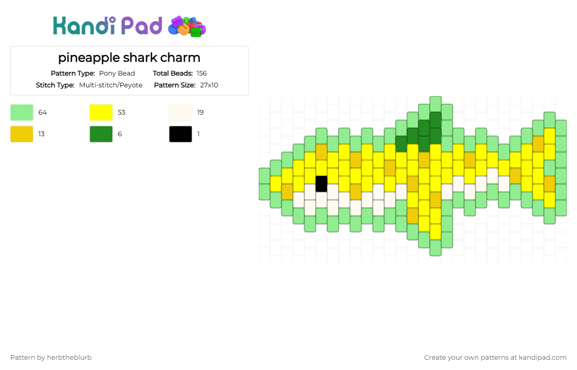 pineapple shark charm - Pony Bead Pattern by lifeisagraveandidigit on Kandi Pad - teal,yellow