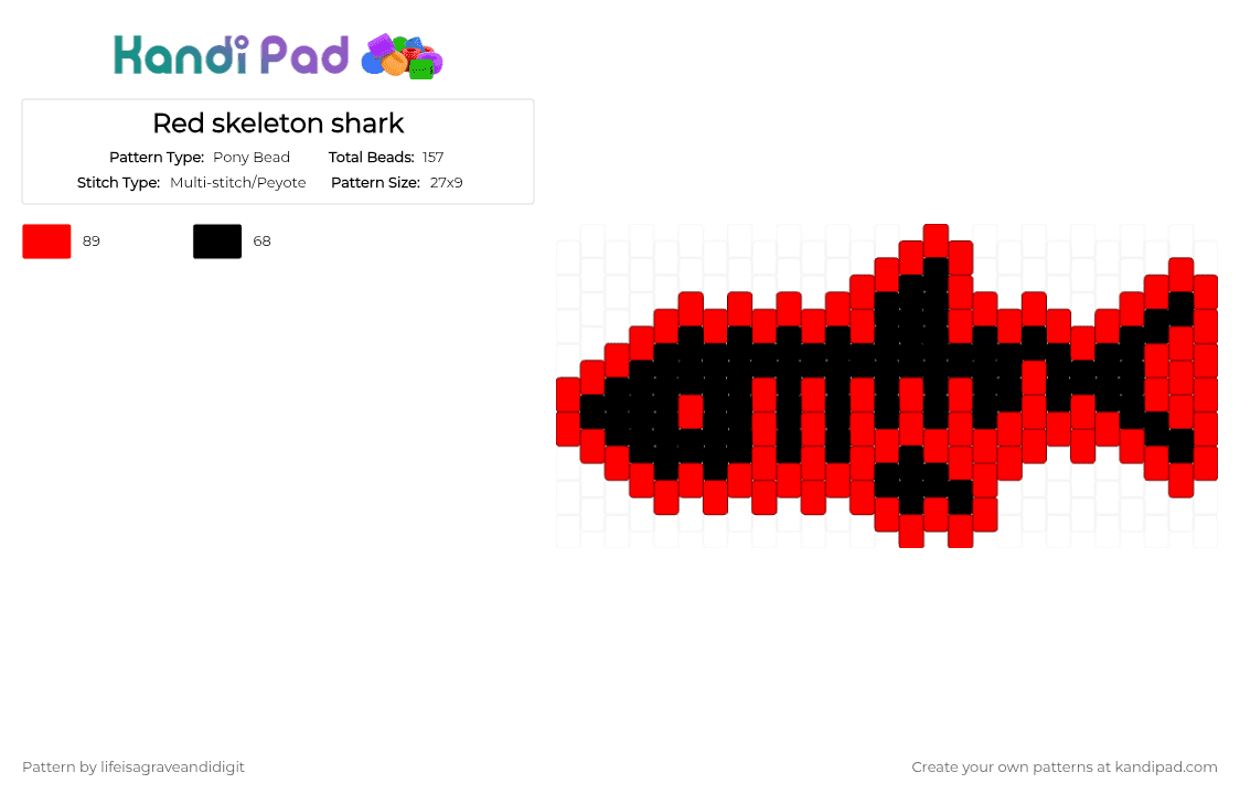 Red skeleton shark - Pony Bead Pattern by lifeisagraveandidigit on Kandi Pad - red,black