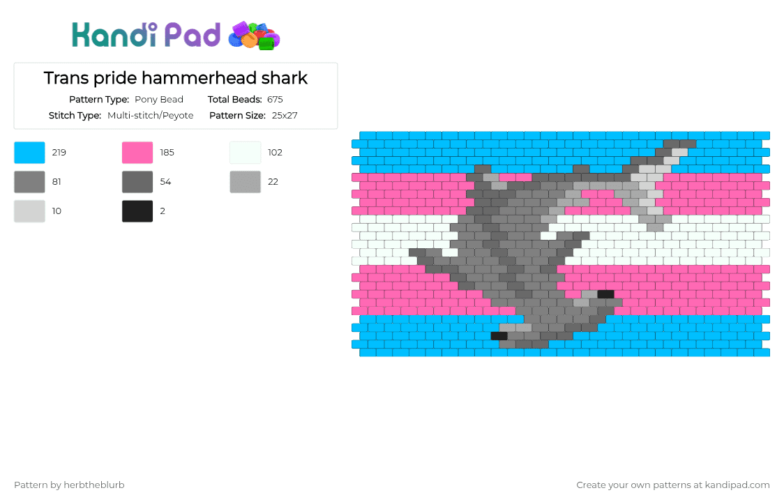 Trans pride hammerhead shark - Pony Bead Pattern by lifeisagraveandidigit on Kandi Pad - light blue,gray,pink