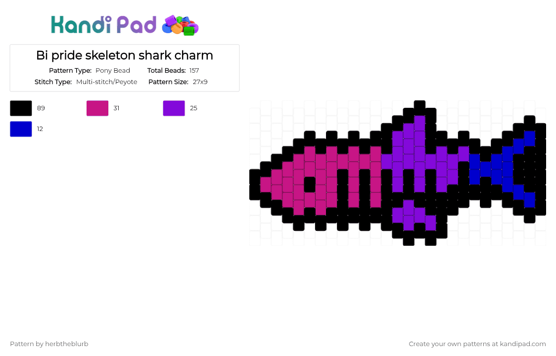 Bi pride skeleton shark charm - Pony Bead Pattern by lifeisagraveandidigit on Kandi Pad - purple,pink