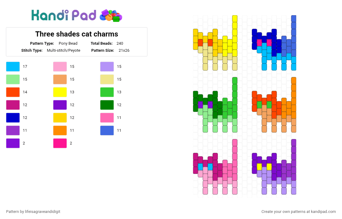 Three shades cat charms - Pony Bead Pattern by lifeisagraveandidigit on Kandi Pad - colorful, orange, pink, purple