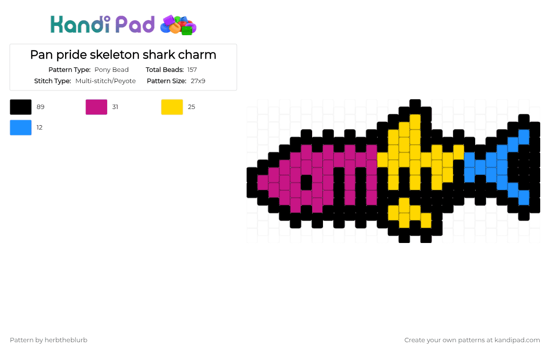 Pan pride skeleton shark charm - Pony Bead Pattern by lifeisagraveandidigit on Kandi Pad - black,yellow,pink