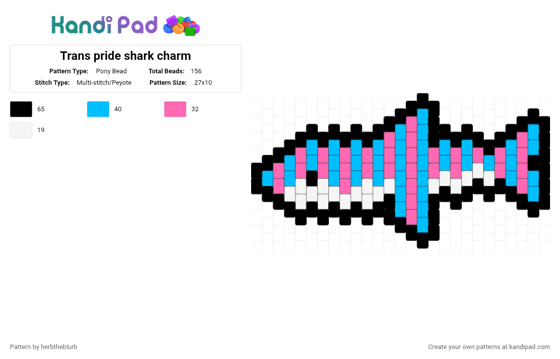 Trans pride shark charm - Pony Bead Pattern by lifeisagraveandidigit on Kandi Pad - pink,light blue