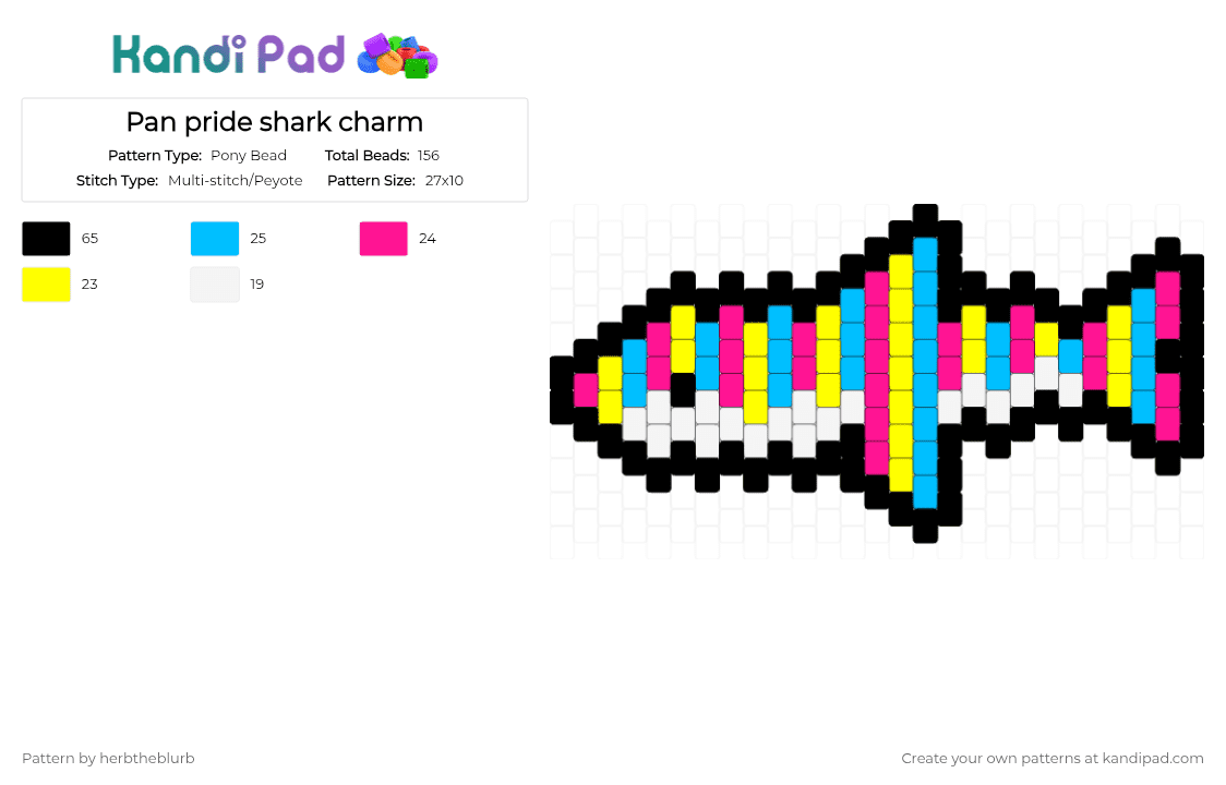 Pan pride shark charm - Pony Bead Pattern by lifeisagraveandidigit on Kandi Pad - yellow,light blue,pink