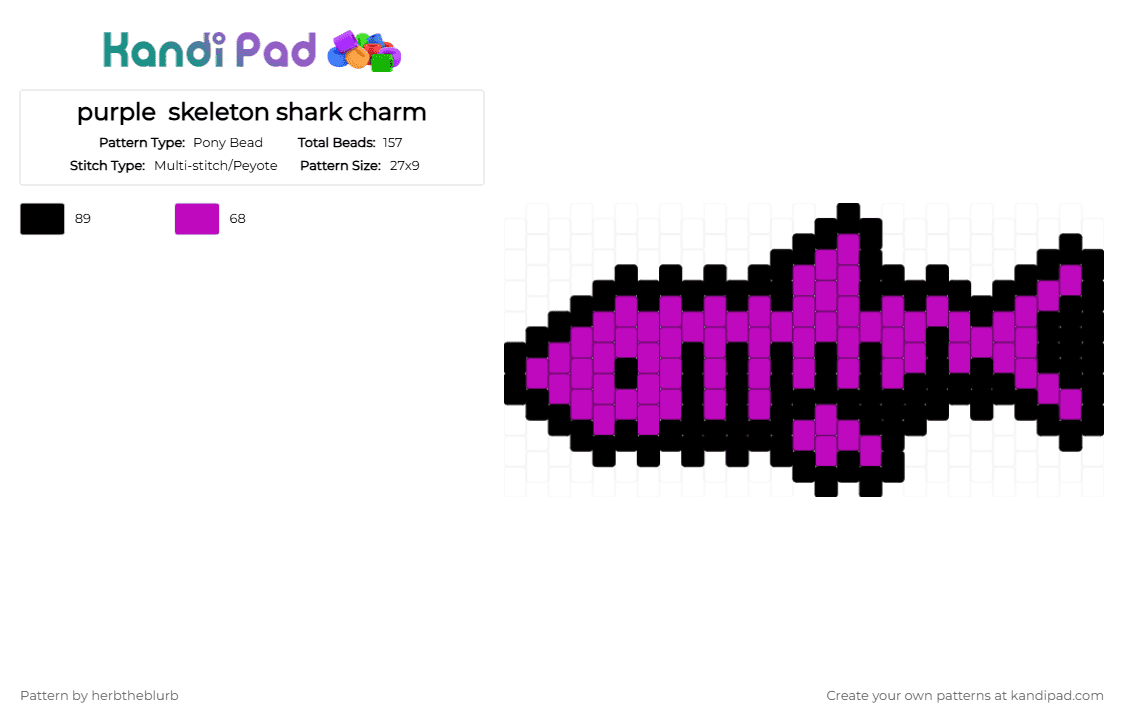 purple  skeleton shark charm - Pony Bead Pattern by lifeisagraveandidigit on Kandi Pad - black,pink