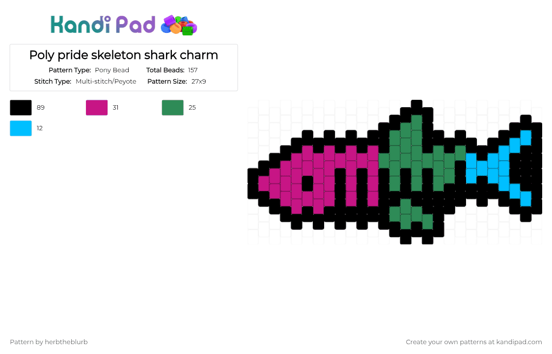 Poly pride skeleton shark charm - Pony Bead Pattern by lifeisagraveandidigit on Kandi Pad - black,green,pink