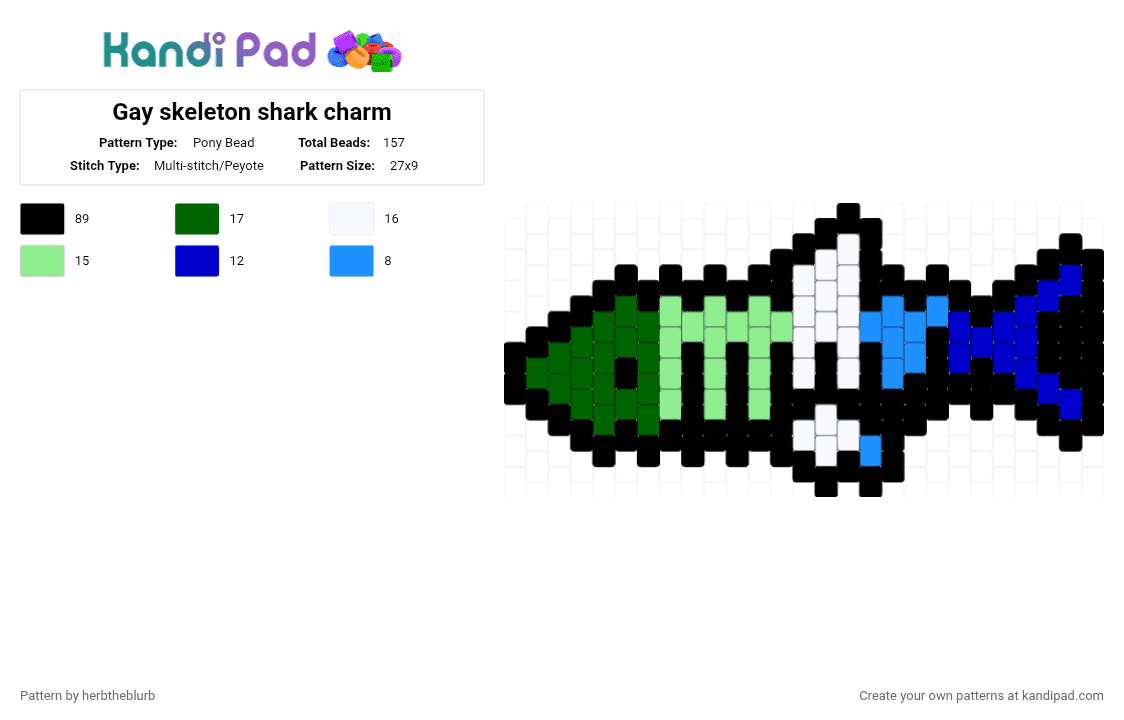 Gay skeleton shark charm - Pony Bead Pattern by lifeisagraveandidigit on Kandi Pad - black,green,teal