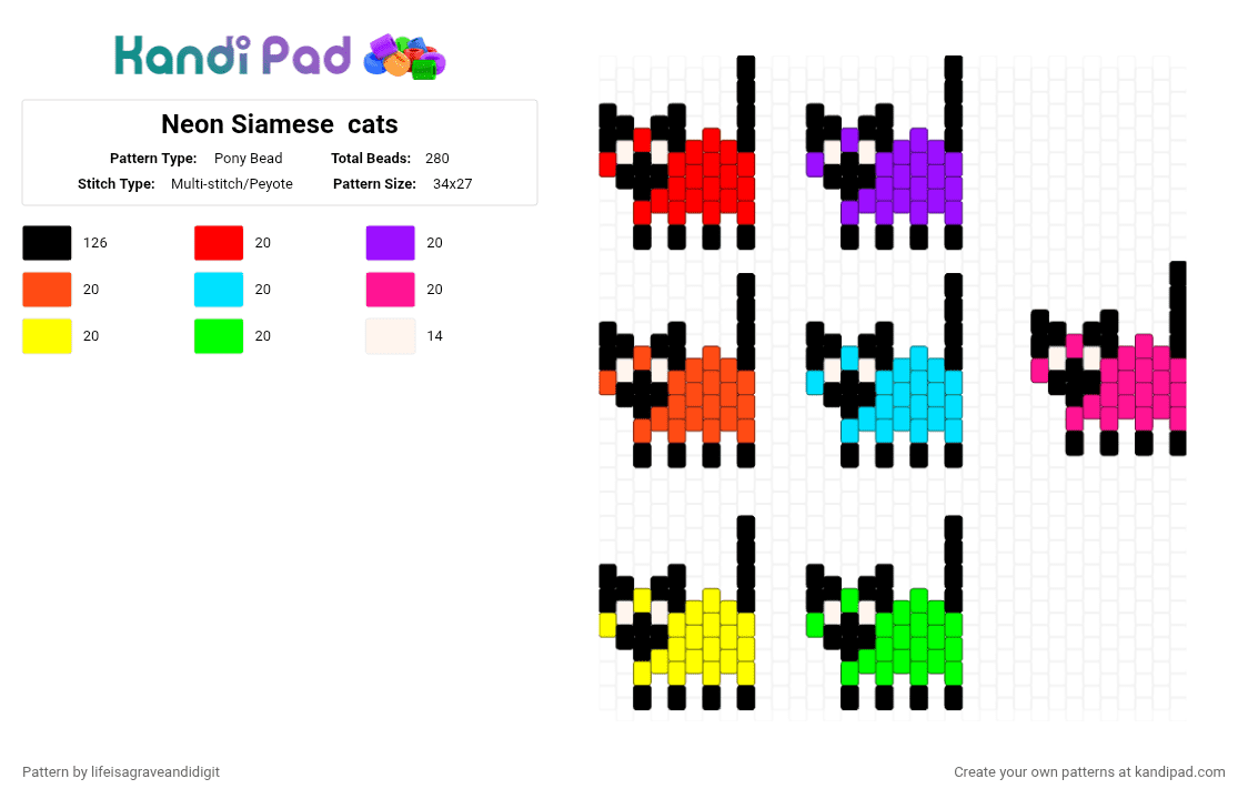 Neon Siamese  cats - Pony Bead Pattern by lifeisagraveandidigit on Kandi Pad - black, red