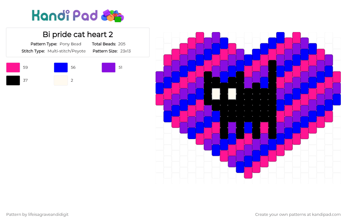 Bi pride cat heart 2 - Pony Bead Pattern by lifeisagraveandidigit on Kandi Pad - pink,purple