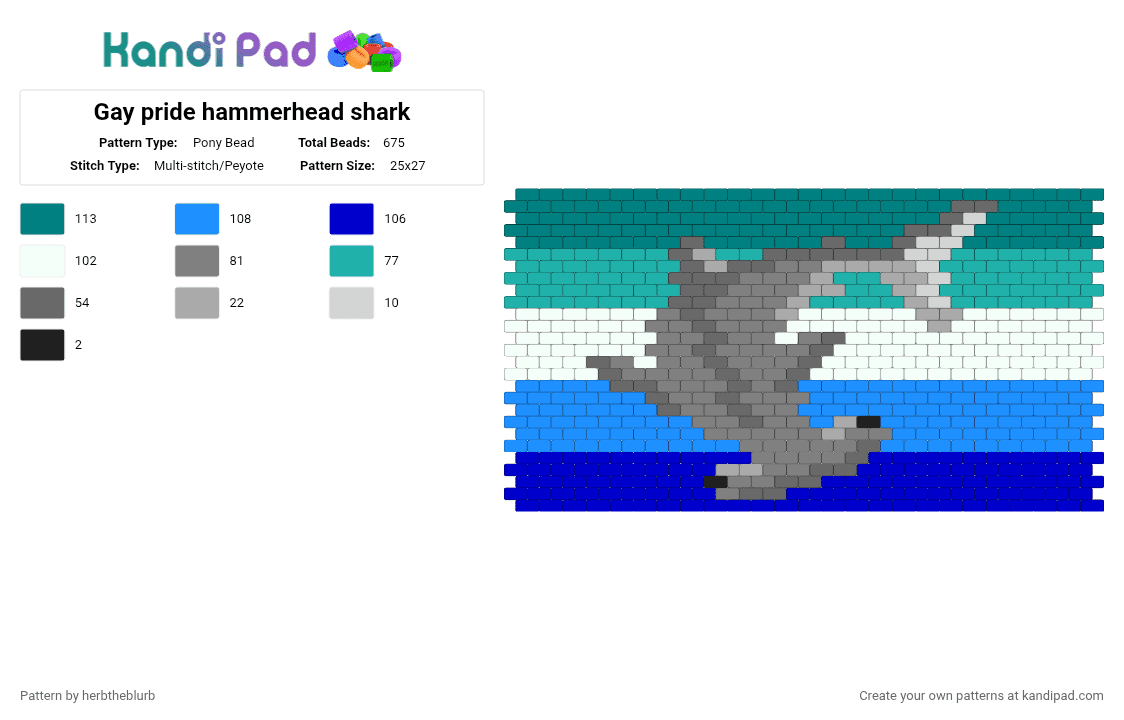 Gay pride hammerhead shark - Pony Bead Pattern by lifeisagraveandidigit on Kandi Pad - teal,gray,light blue,purple